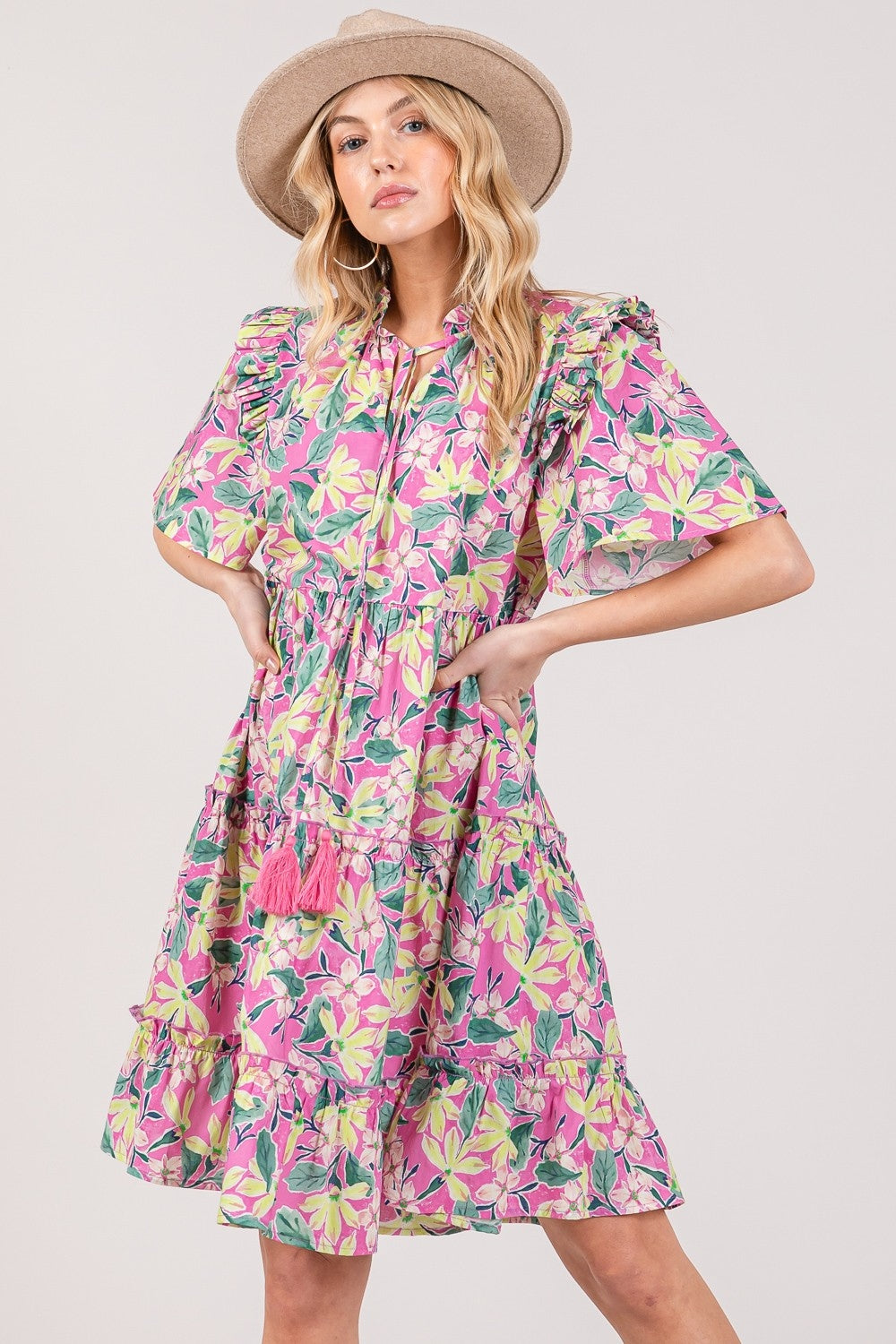 SAGE + FIG Floral Ruffle Short Sleeve Dress free shipping -Oh Em Gee Boutique