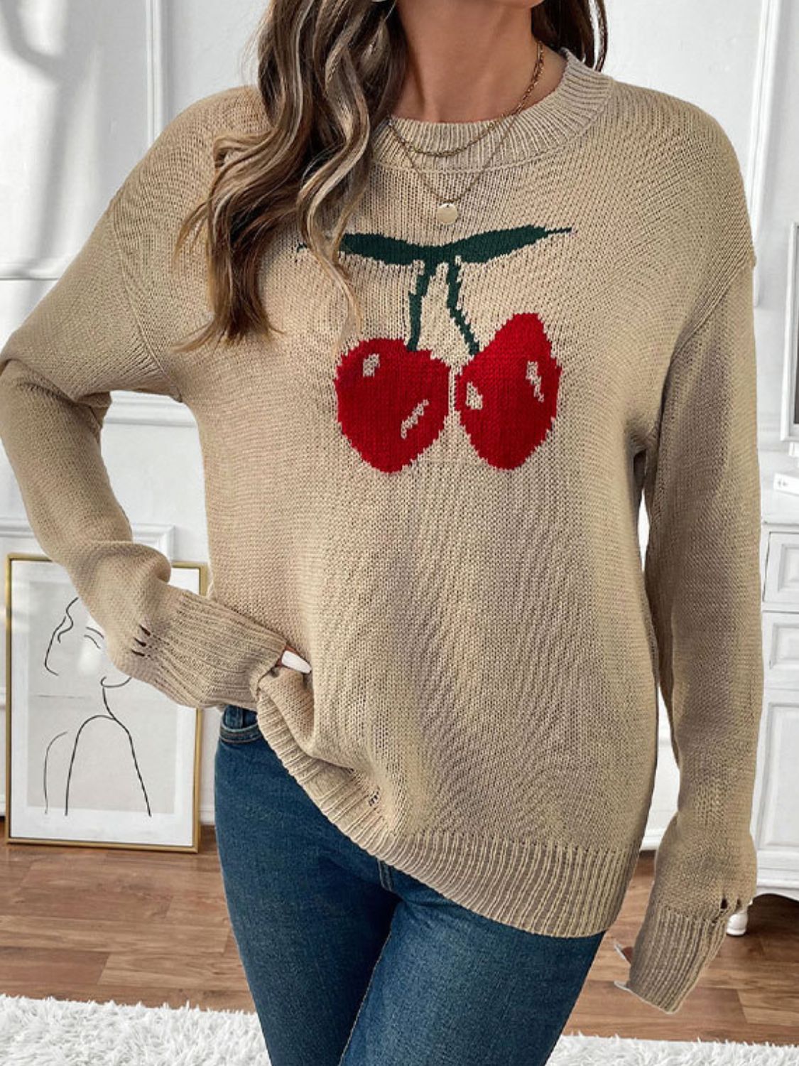 Perfee Cherry Round Neck Long Sleeve Sweater free shipping -Oh Em Gee Boutique