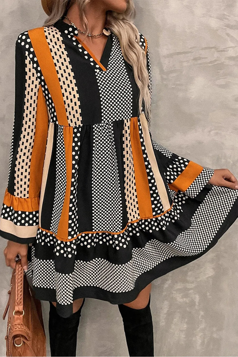 Printed Notched Long Sleeve Mini Dress free shipping -Oh Em Gee Boutique