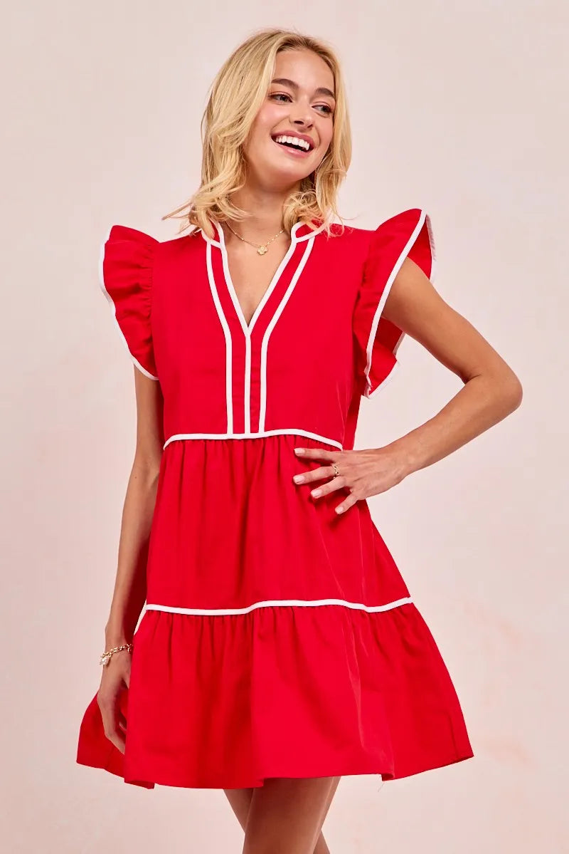 BiBi Gameday Theme Contrast Binding Ruffled Dress free shipping -Oh Em Gee Boutique