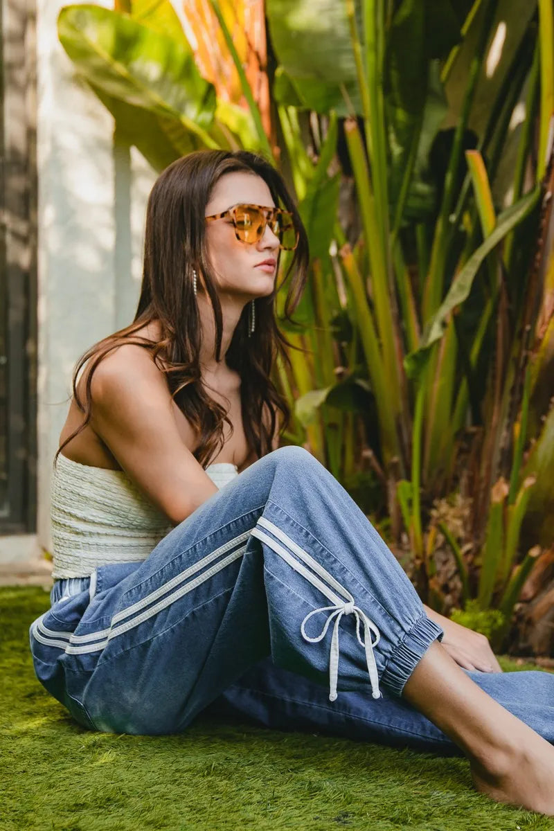 BiBi Striped Tape Details With Bot Tied Point Elastic Waist Jeans free shipping -Oh Em Gee Boutique