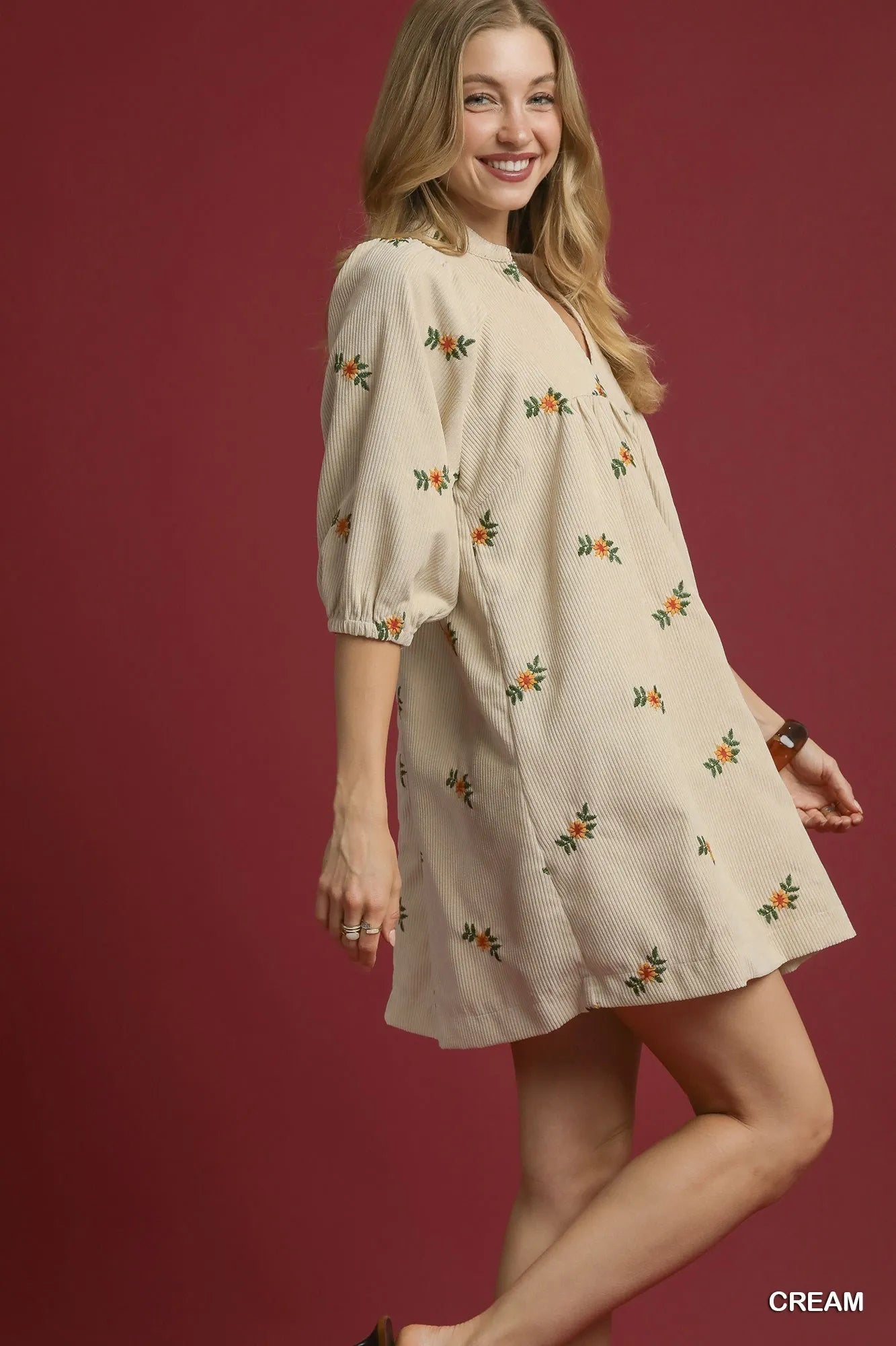 Umgee Corduroy Babydoll Dress with Floral Embroidery free shipping -Oh Em Gee Boutique
