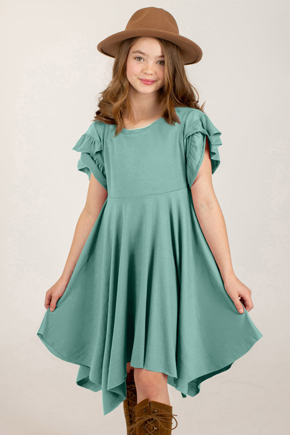Girl's Round Neck Petal Sleeve Dress free shipping -Oh Em Gee Boutique