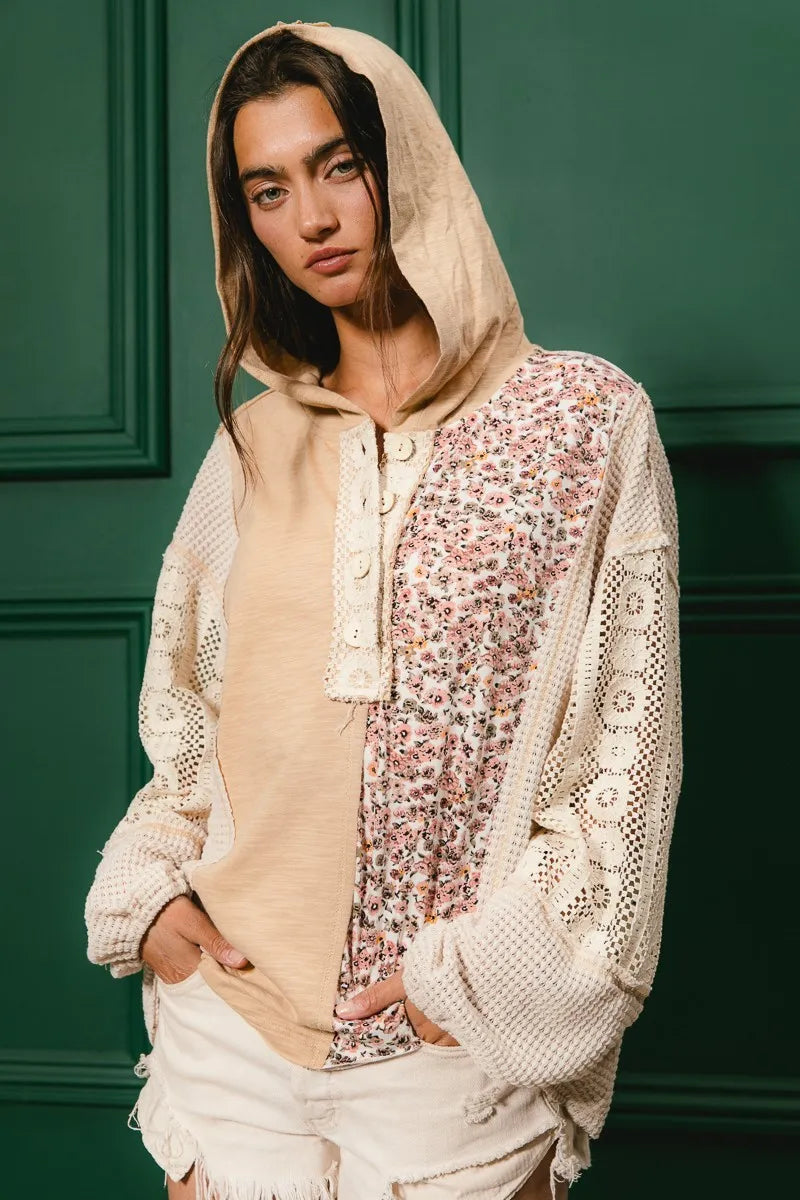 BiBi Slub Jersey with Lace Combo Buttoned Hoodie Top free shipping -Oh Em Gee Boutique