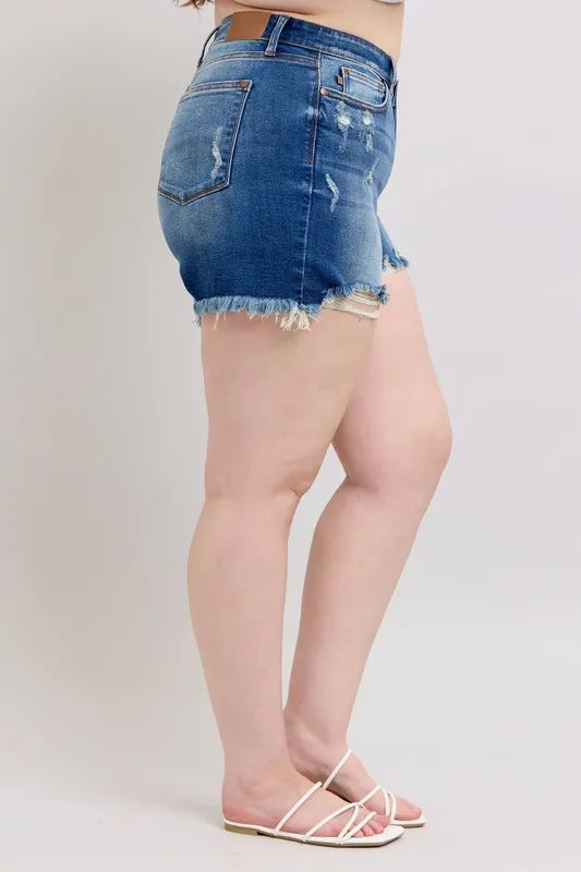 Judy Blue Plus Size 2 Button Dad Shorts with Destroy free shipping -Oh Em Gee Boutique
