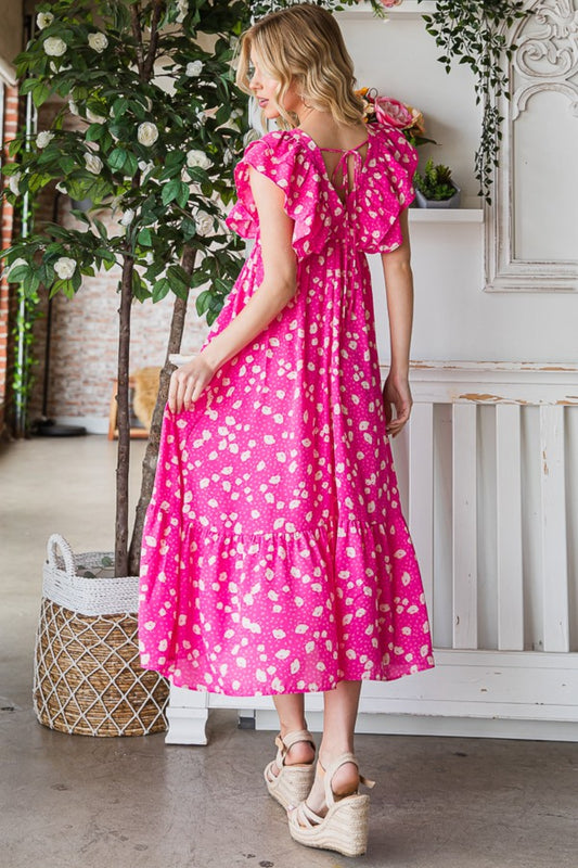 Reborn J Printed V-Neck Ruffle Trim Tiered Midi Dress free shipping -Oh Em Gee Boutique