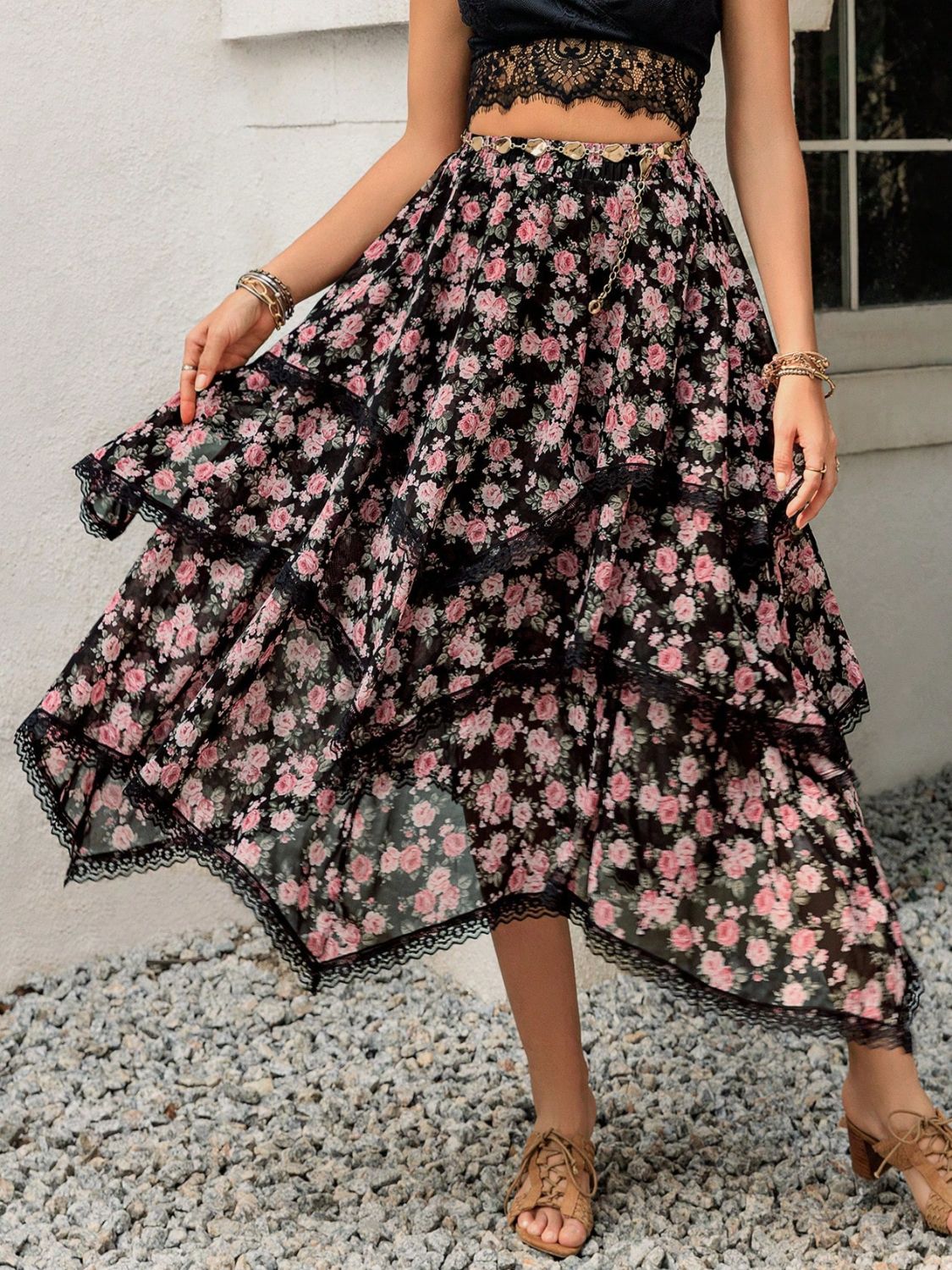 Lace Detail Layered Printed Skirt free shipping -Oh Em Gee Boutique