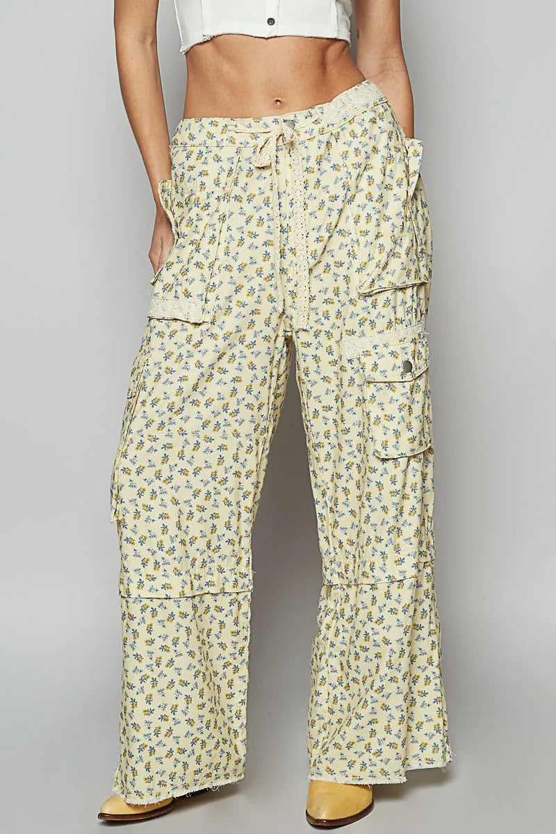 POL Floral Cargo Wide Leg Pants with Lace Drawstring free shipping -Oh Em Gee Boutique