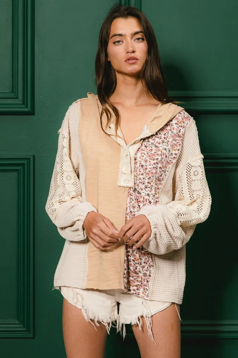 BiBi Slub Jersey with Lace Combo Buttoned Hoodie Top free shipping -Oh Em Gee Boutique