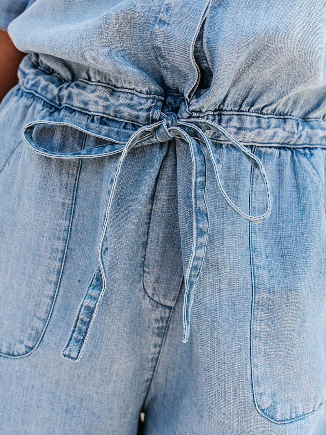 Drawstring Half Button Half Sleeve Denim Romper free shipping -Oh Em Gee Boutique