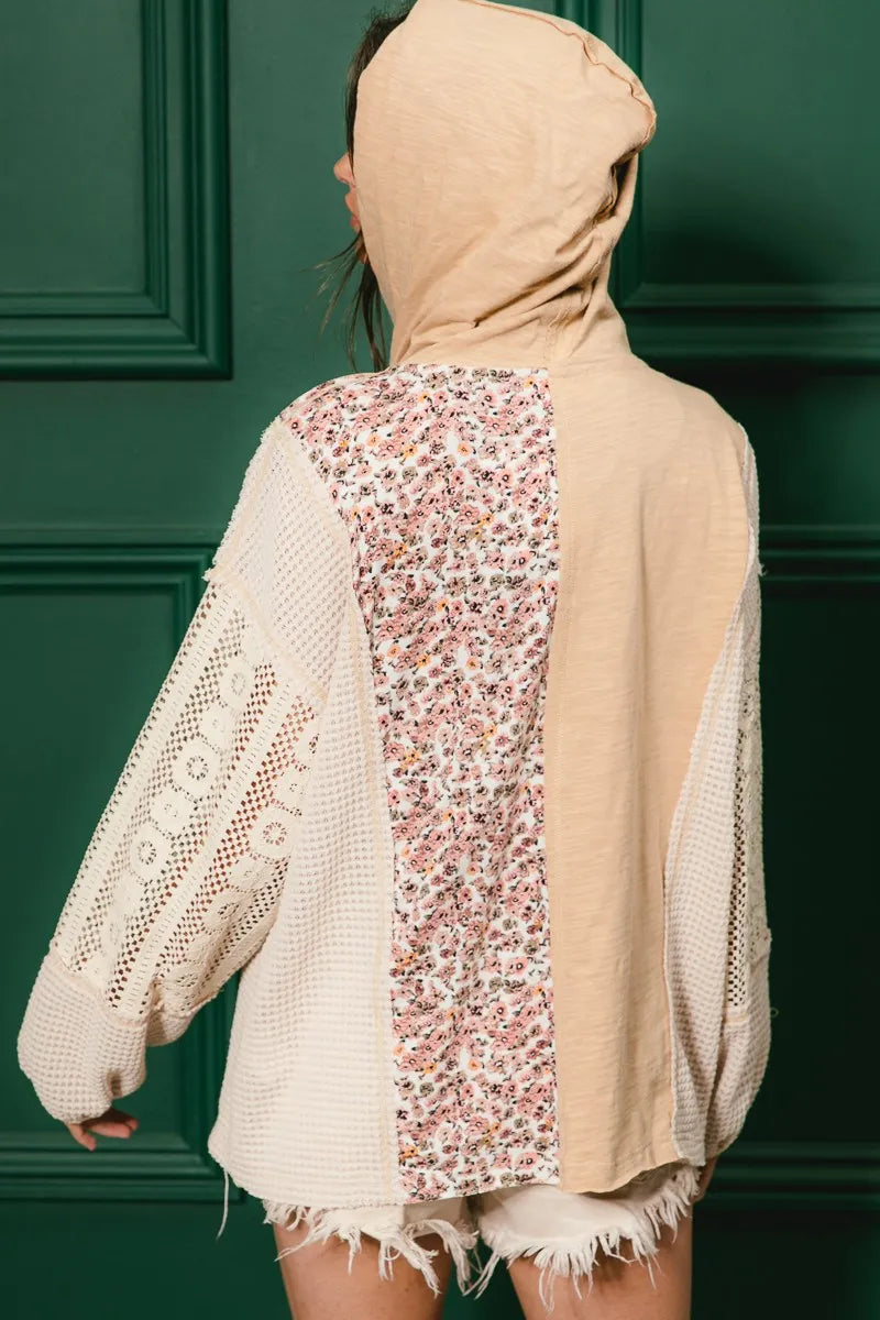 BiBi Slub Jersey with Lace Combo Buttoned Hoodie Top free shipping -Oh Em Gee Boutique