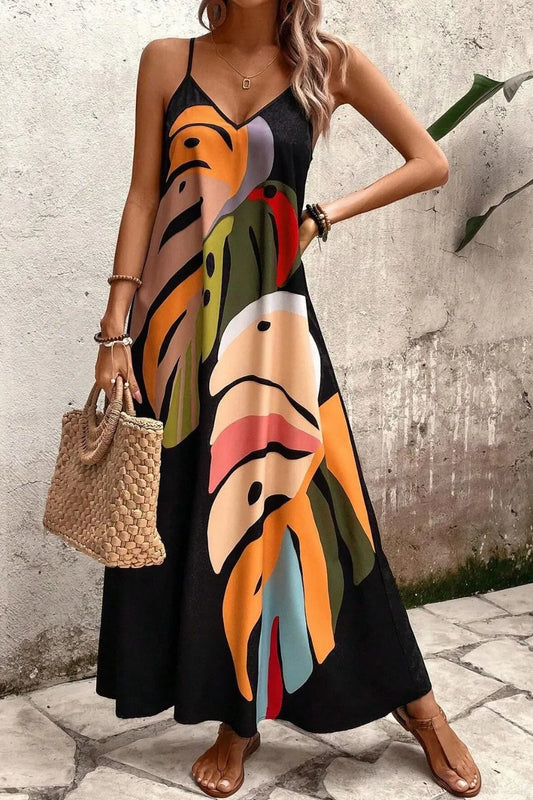 Tropical Leaf Print V-Neck Maxi Cami Dress free shipping -Oh Em Gee Boutique