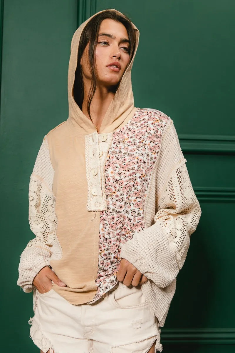 BiBi Slub Jersey with Lace Combo Buttoned Hoodie Top free shipping -Oh Em Gee Boutique