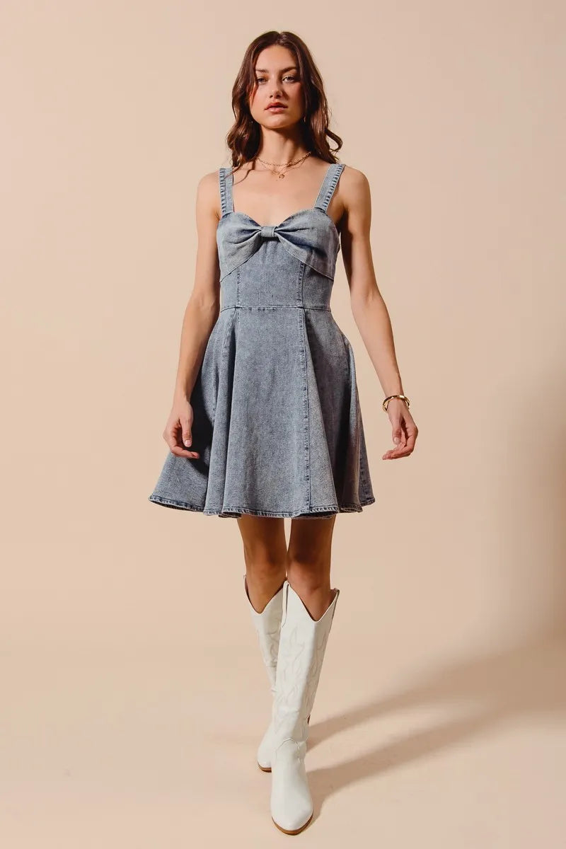 SO ME Mineral Washed Bow Ribbon Denim Flare Dress free shipping -Oh Em Gee Boutique