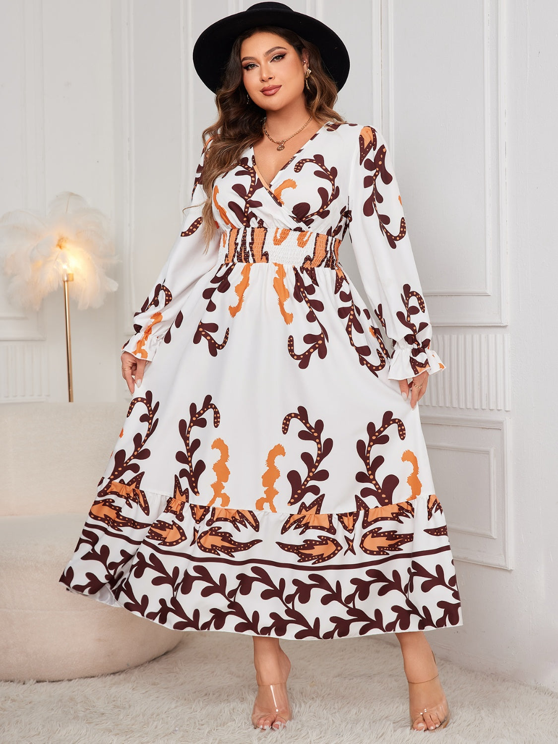 Plus Size Printed Surplice Flounce Sleeve Dress free shipping -Oh Em Gee Boutique