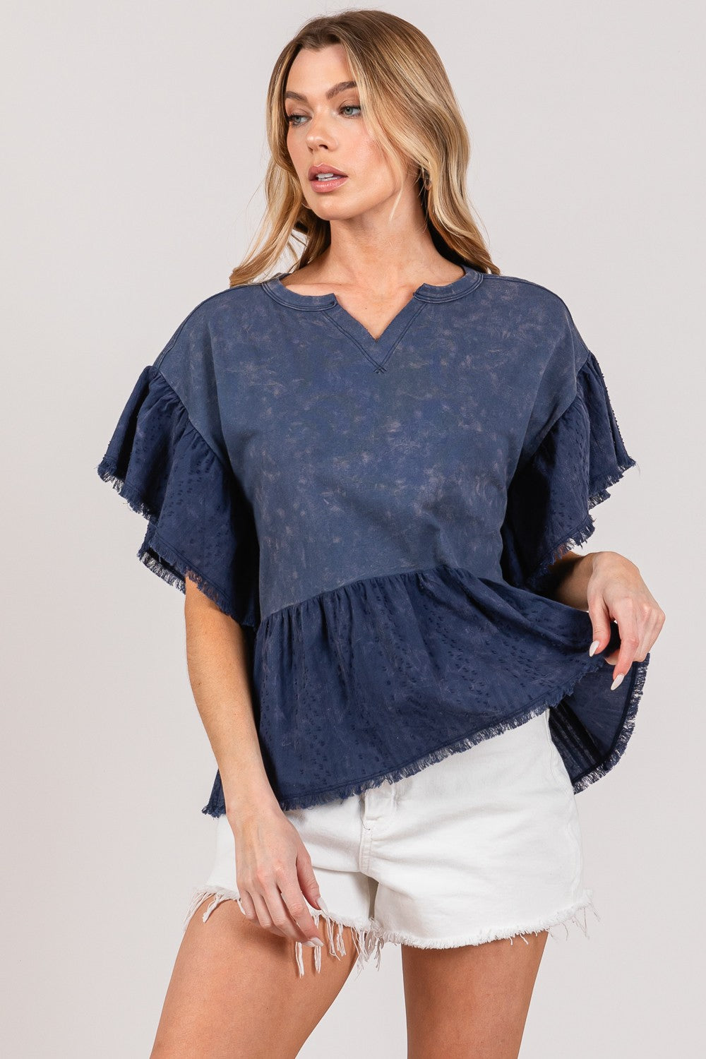 SAGE + FIG Ruffle Sleeve Washed Short Sleeve Blouse free shipping -Oh Em Gee Boutique