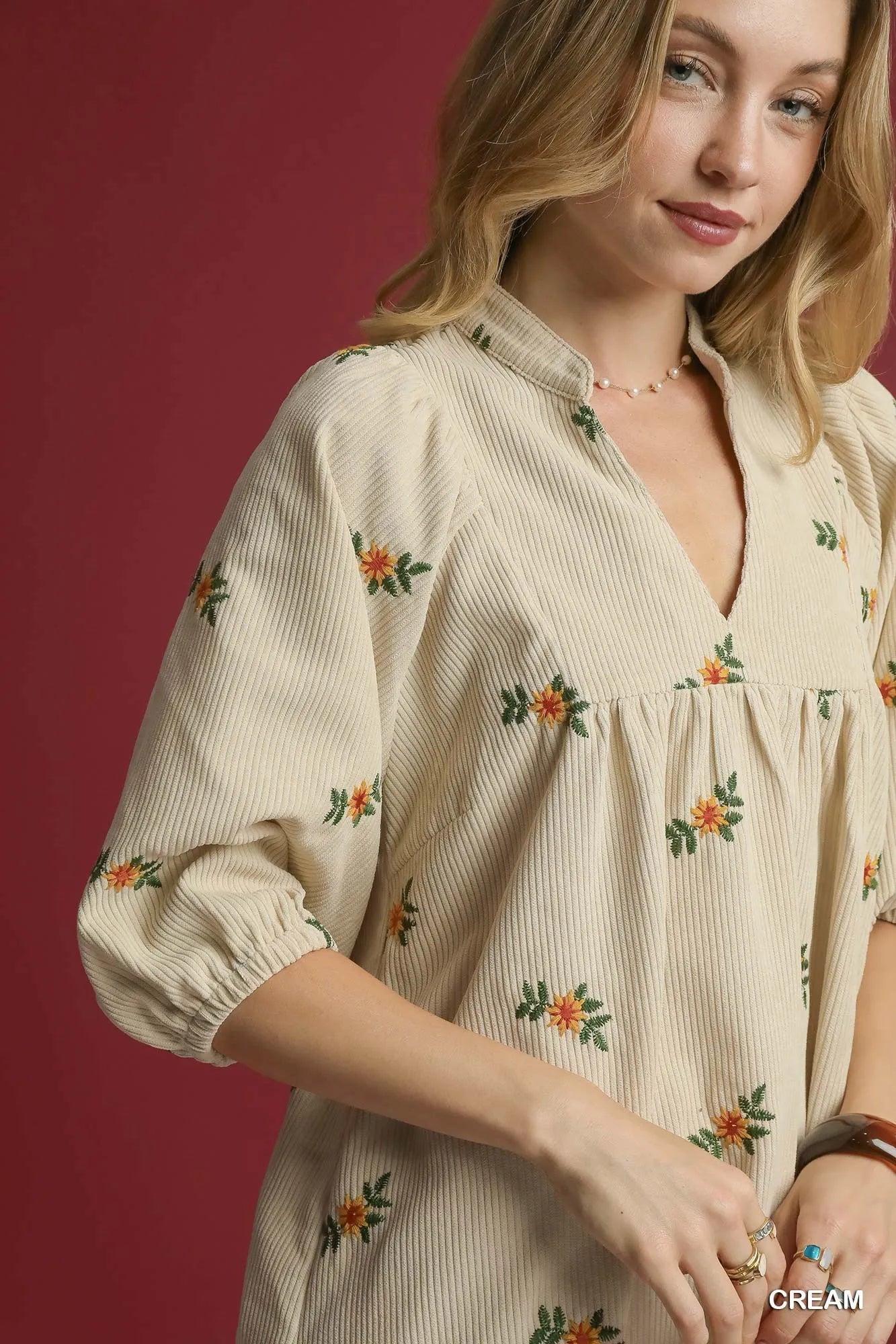 Umgee Corduroy Babydoll Dress with Floral Embroidery free shipping -Oh Em Gee Boutique