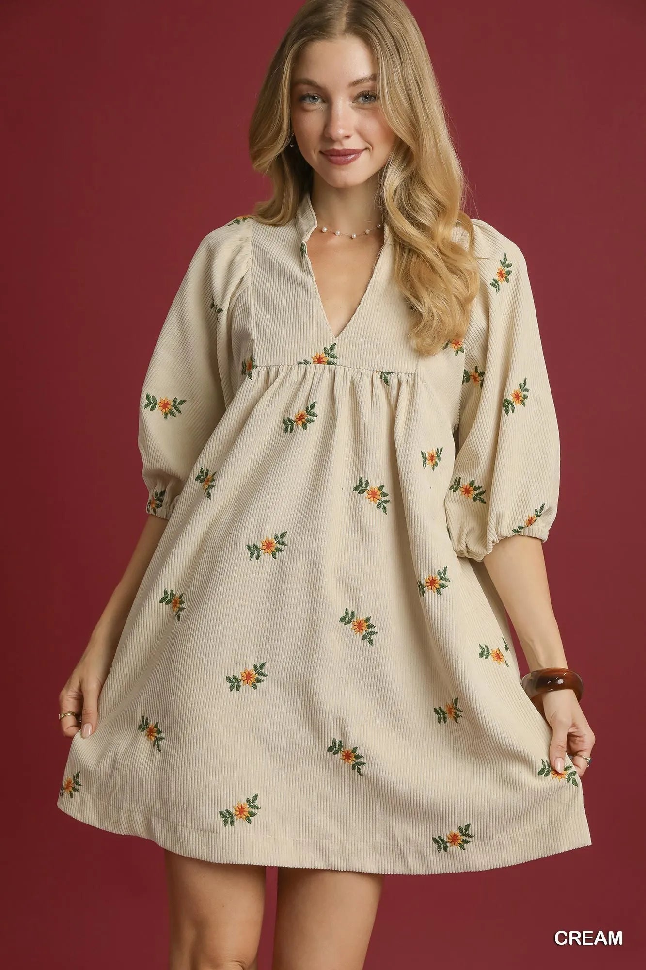 Umgee Corduroy Babydoll Dress with Floral Embroidery free shipping -Oh Em Gee Boutique