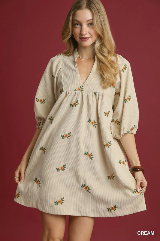 Umgee Corduroy Babydoll Dress with Floral Embroidery free shipping -Oh Em Gee Boutique