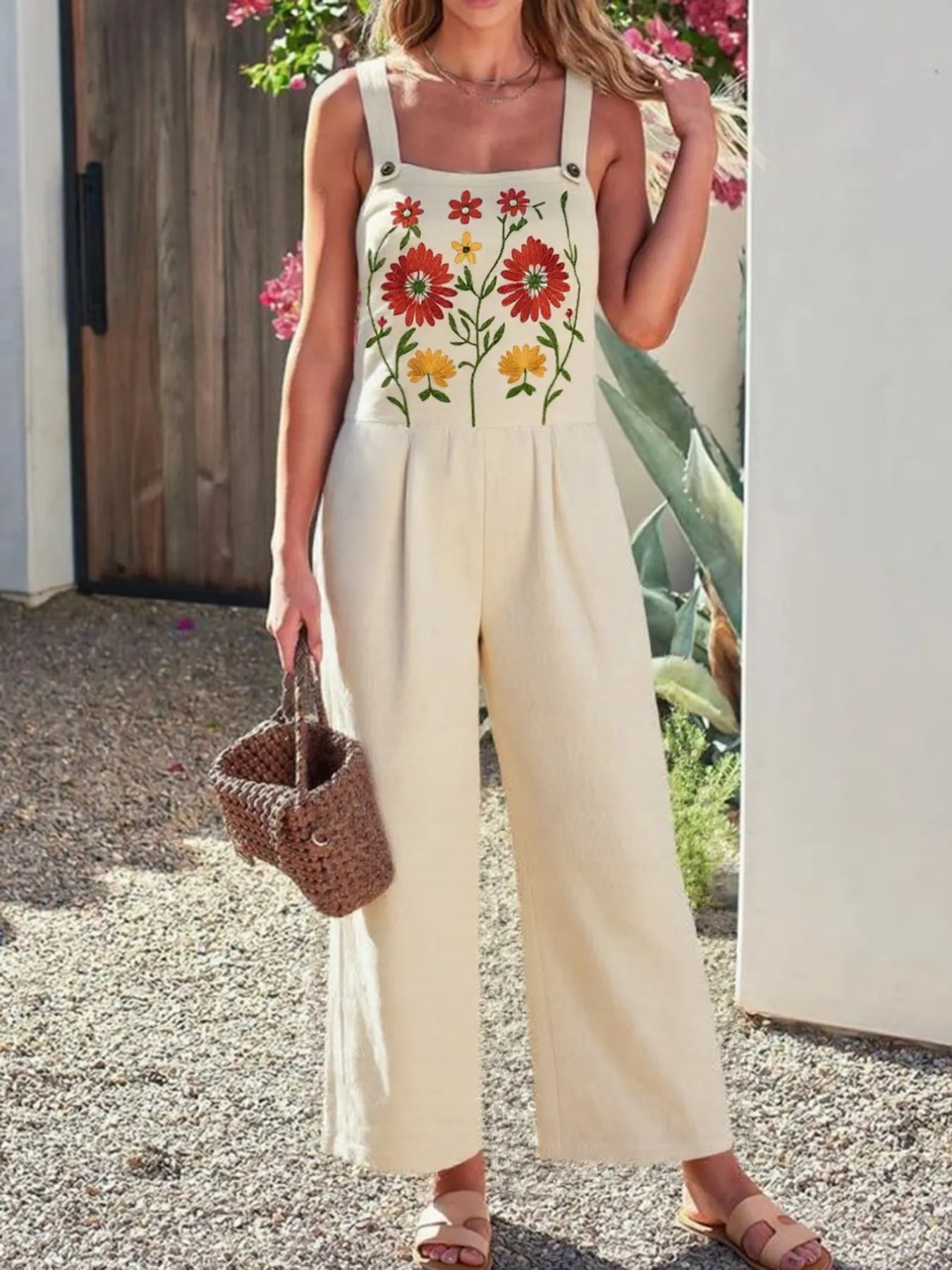 Floral Embroidered Wide Leg Jumpsuit free shipping -Oh Em Gee Boutique