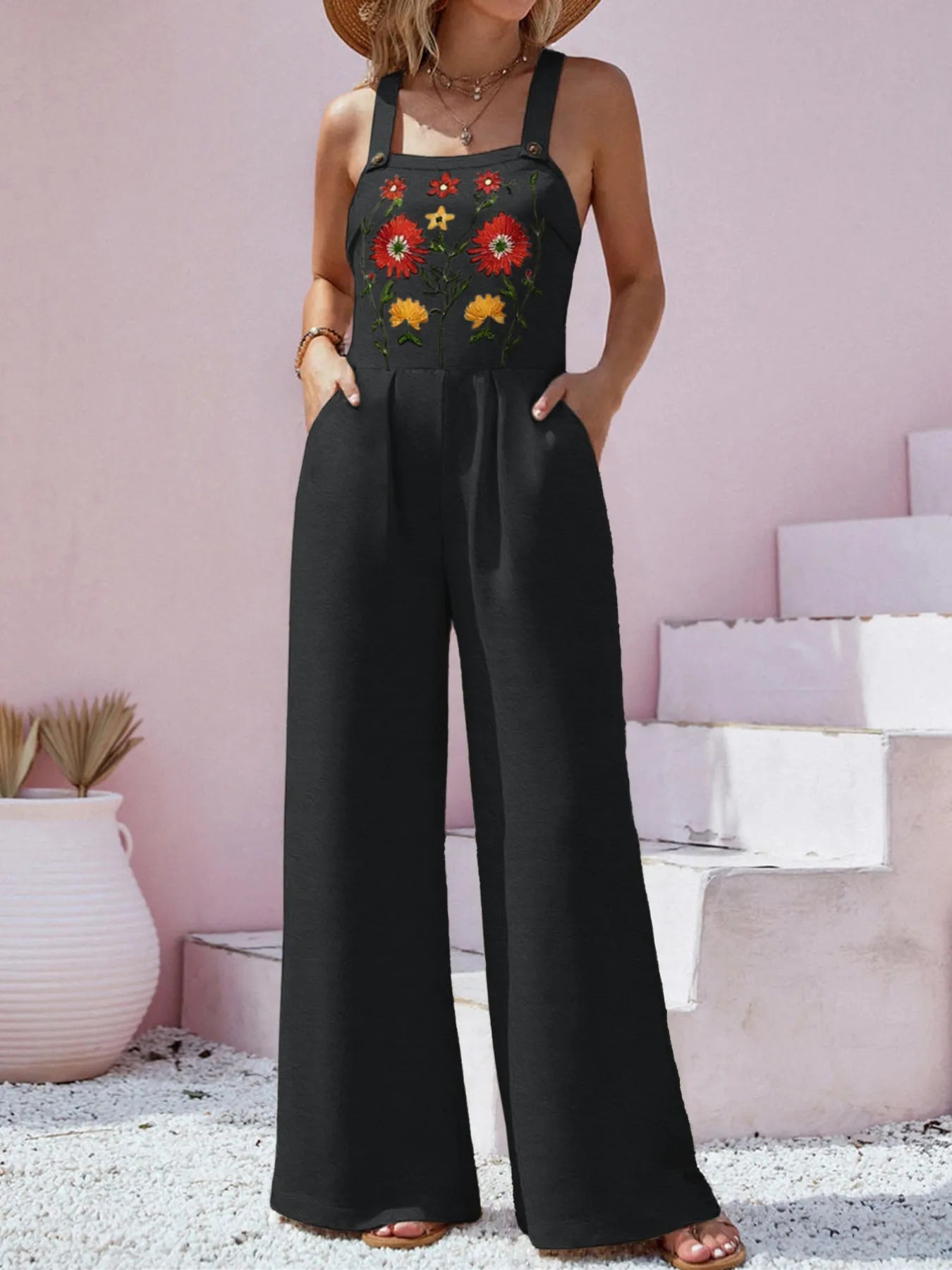 Floral Embroidered Wide Leg Jumpsuit free shipping -Oh Em Gee Boutique