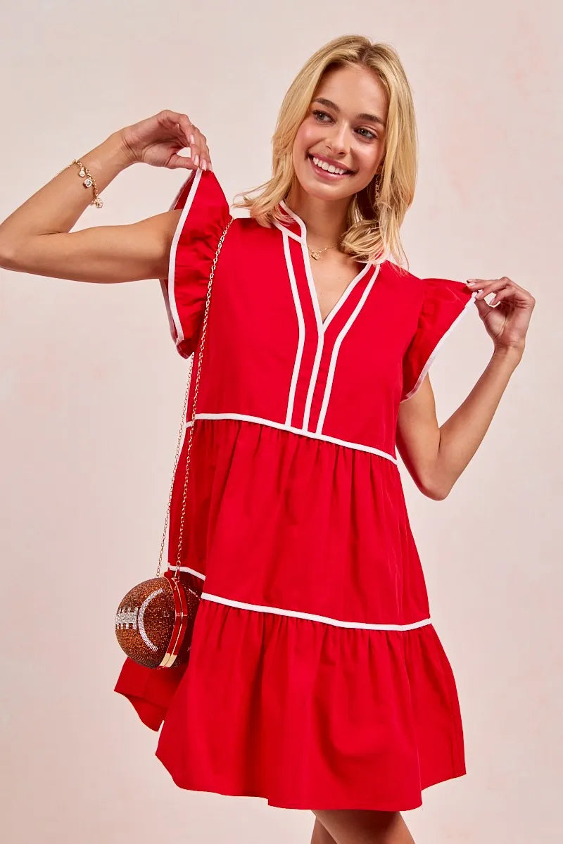 BiBi Gameday Theme Contrast Binding Ruffled Dress free shipping -Oh Em Gee Boutique