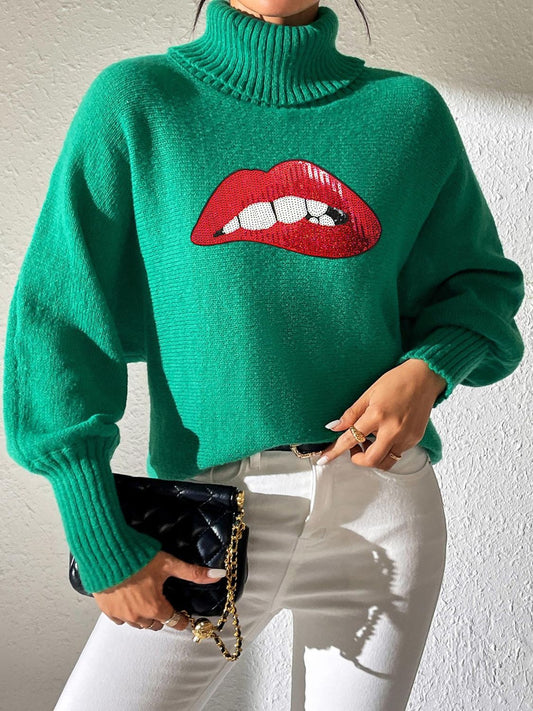 Lip Turtleneck Long Sleeve Sweater free shipping -Oh Em Gee Boutique