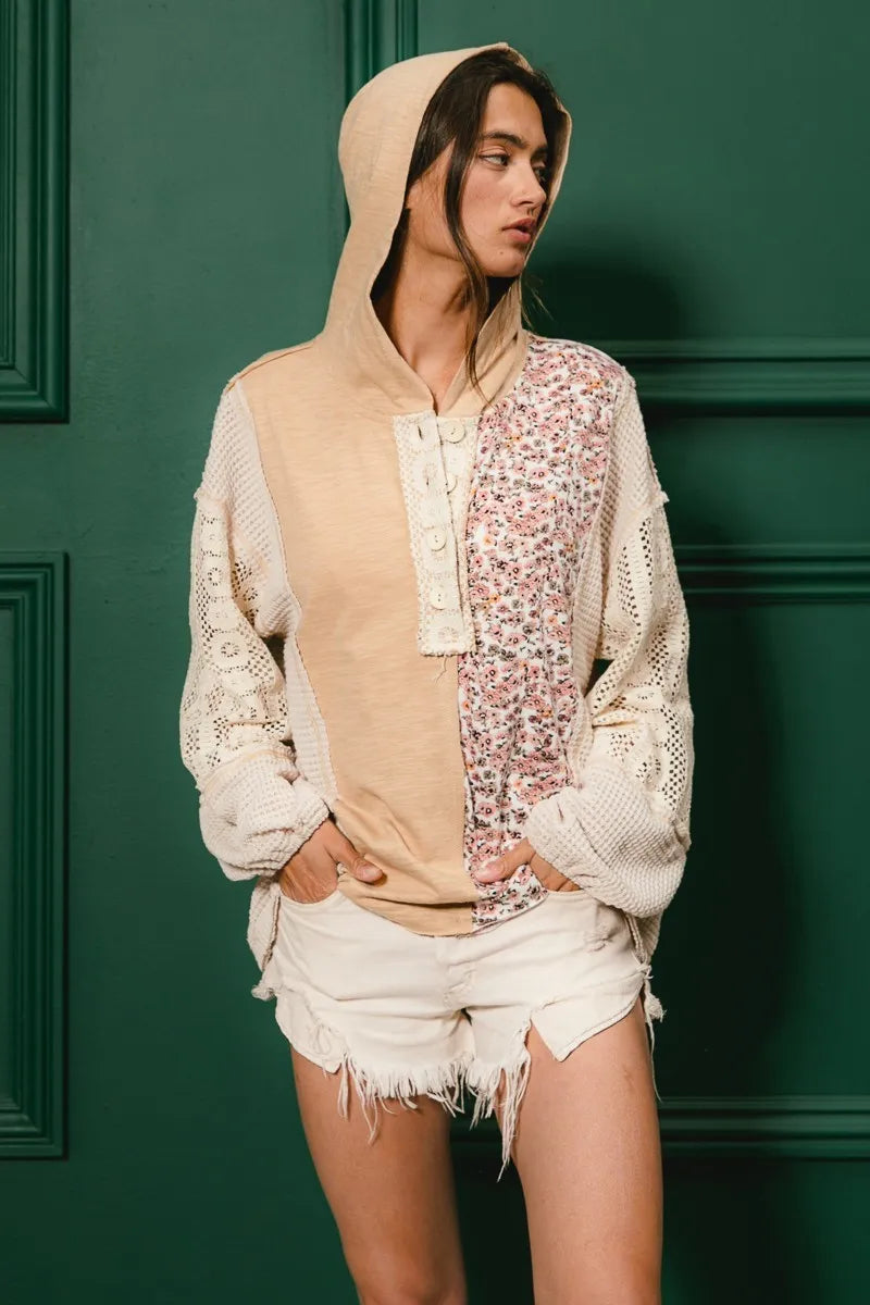 BiBi Slub Jersey with Lace Combo Buttoned Hoodie Top free shipping -Oh Em Gee Boutique