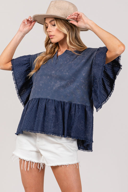 SAGE + FIG Ruffle Sleeve Washed Short Sleeve Blouse free shipping -Oh Em Gee Boutique