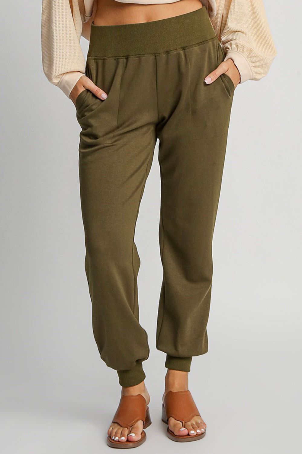 Umgee Full Size High Rise Elastic Waist Knit Joggers with Pockets free shipping -Oh Em Gee Boutique