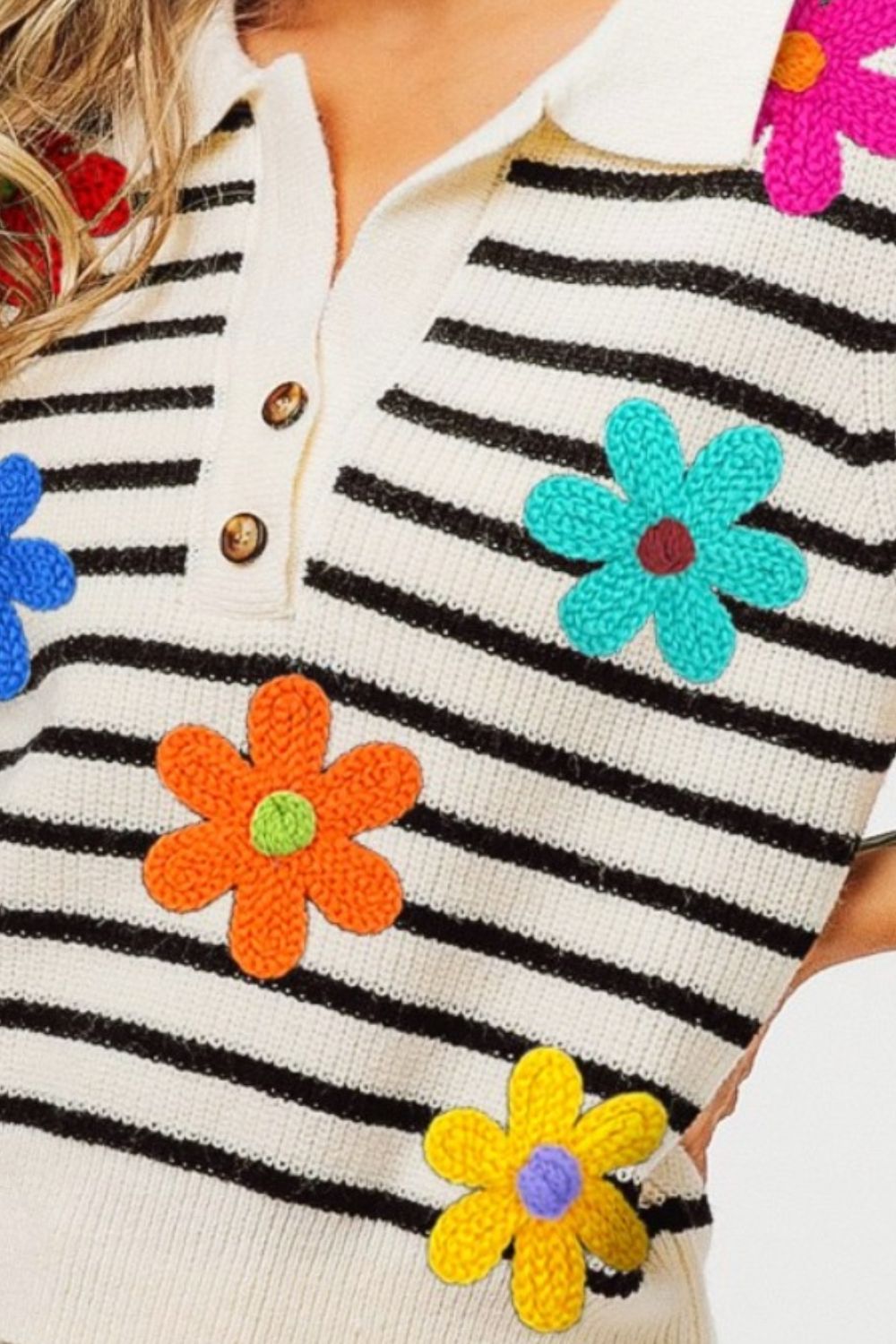 BiBi Flower Patch Striped Half Button Sweater Vest free shipping -Oh Em Gee Boutique