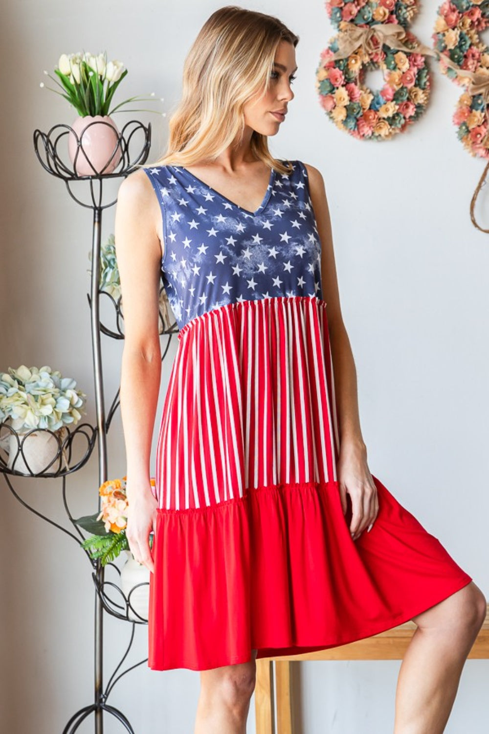 Heimish Full Size US Flag Theme Contrast Tank Dress free shipping -Oh Em Gee Boutique