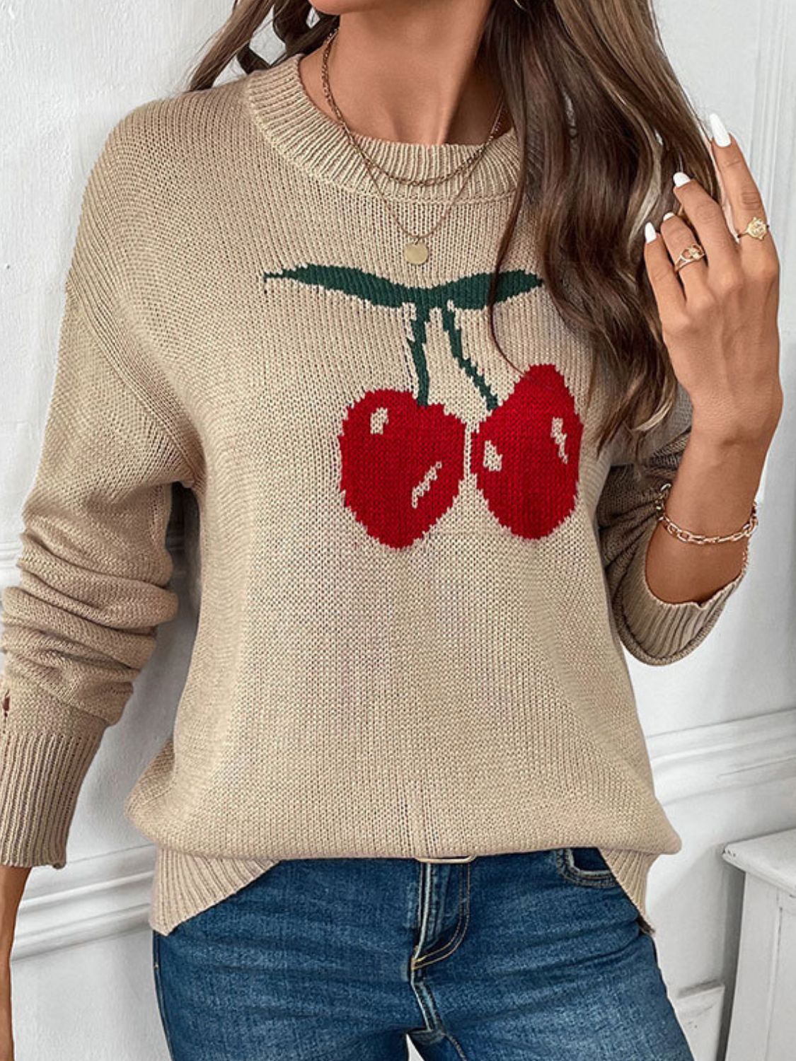Perfee Cherry Round Neck Long Sleeve Sweater free shipping -Oh Em Gee Boutique