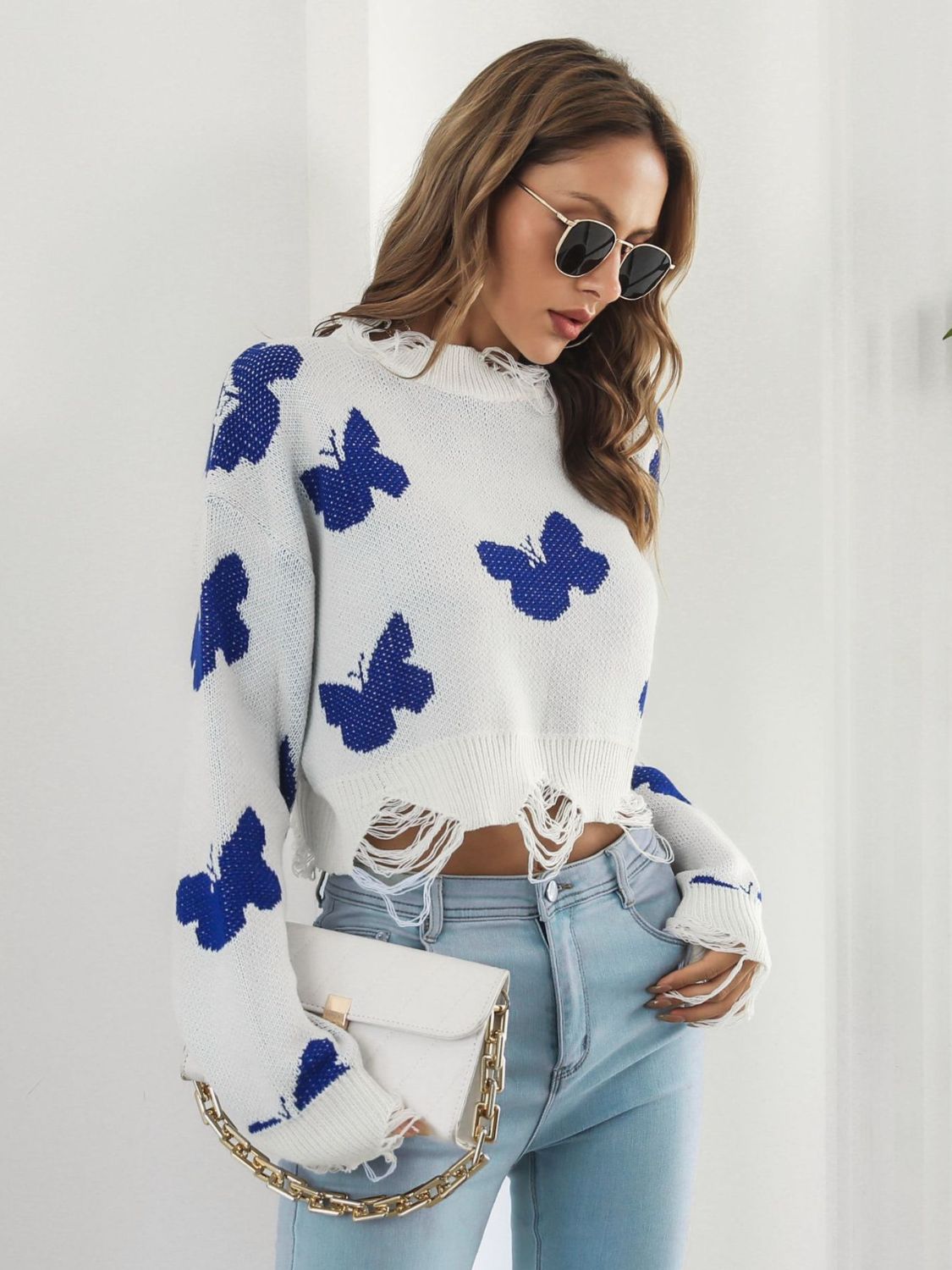 Distressed Butterfly Cropped Sweater free shipping -Oh Em Gee Boutique
