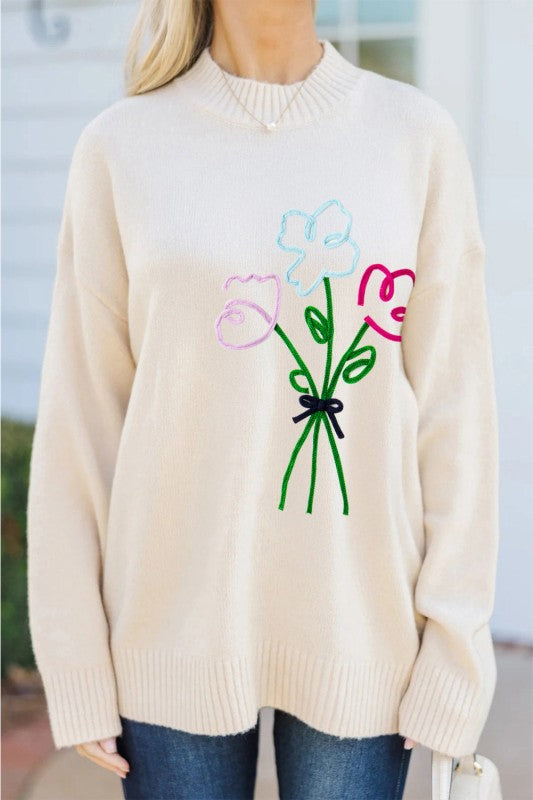 Embroidered Flower Ribbed Loose Sweater free shipping -Oh Em Gee Boutique