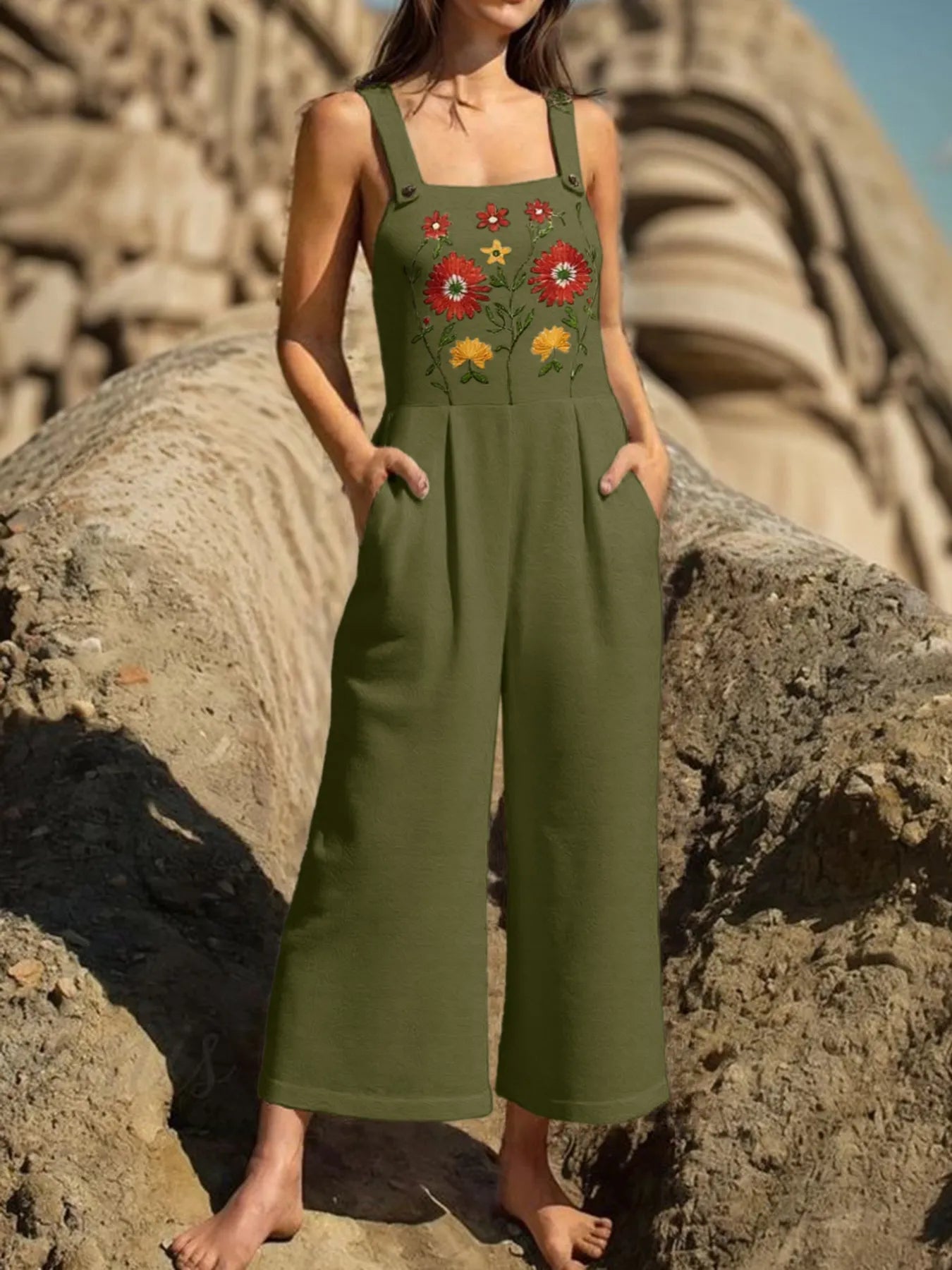 Floral Embroidered Wide Leg Jumpsuit free shipping -Oh Em Gee Boutique