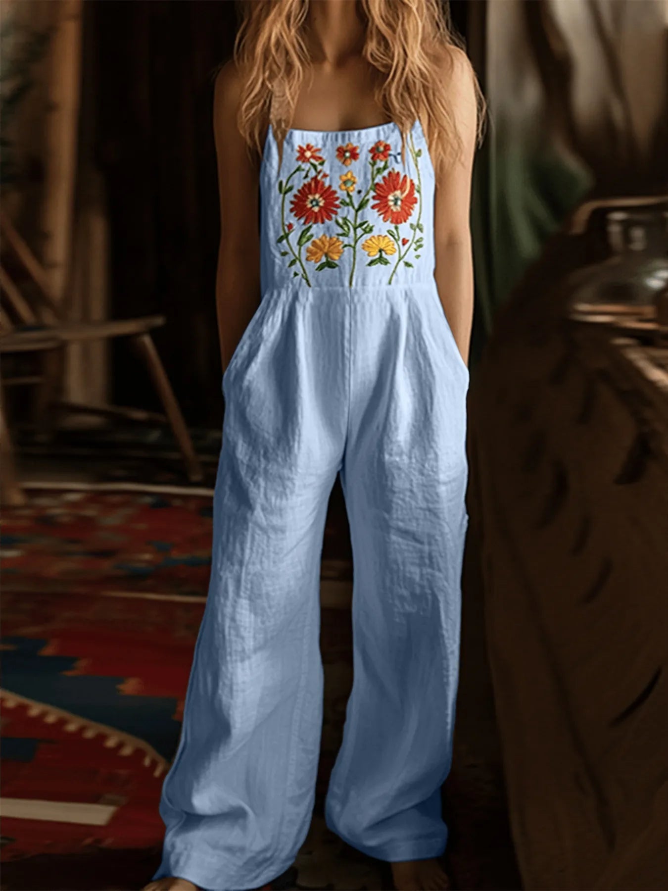 Floral Embroidered Wide Leg Jumpsuit free shipping -Oh Em Gee Boutique