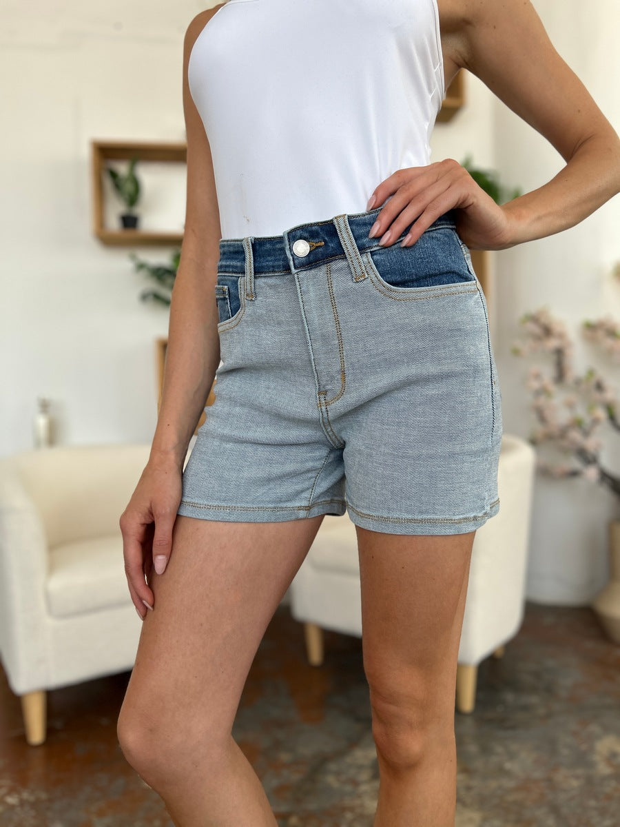 Judy Blue Full Size Color Block Denim Shorts free shipping -Oh Em Gee Boutique