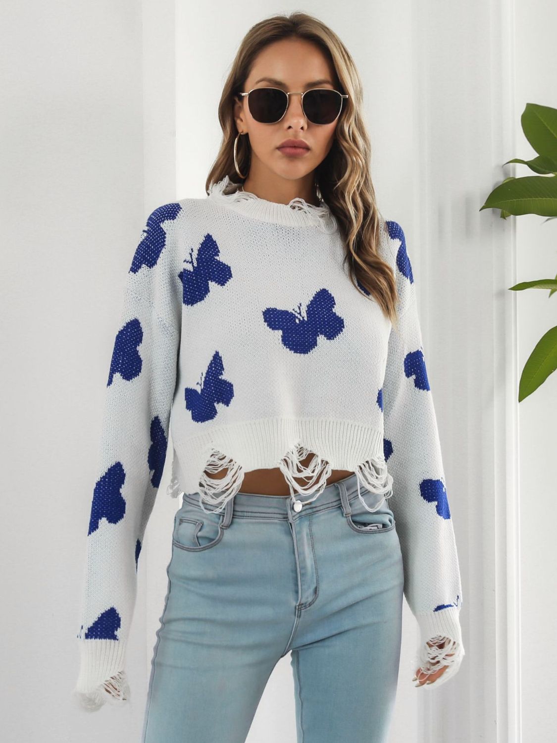 Distressed Butterfly Cropped Sweater free shipping -Oh Em Gee Boutique