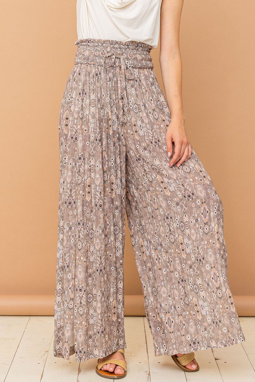 And The Why Printed Smocked Waist Slit Wide Leg Pants free shipping -Oh Em Gee Boutique
