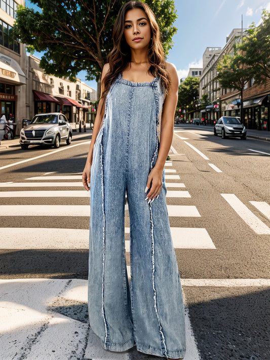 Adjustable Strap Wide Leg Denim Overalls free shipping -Oh Em Gee Boutique