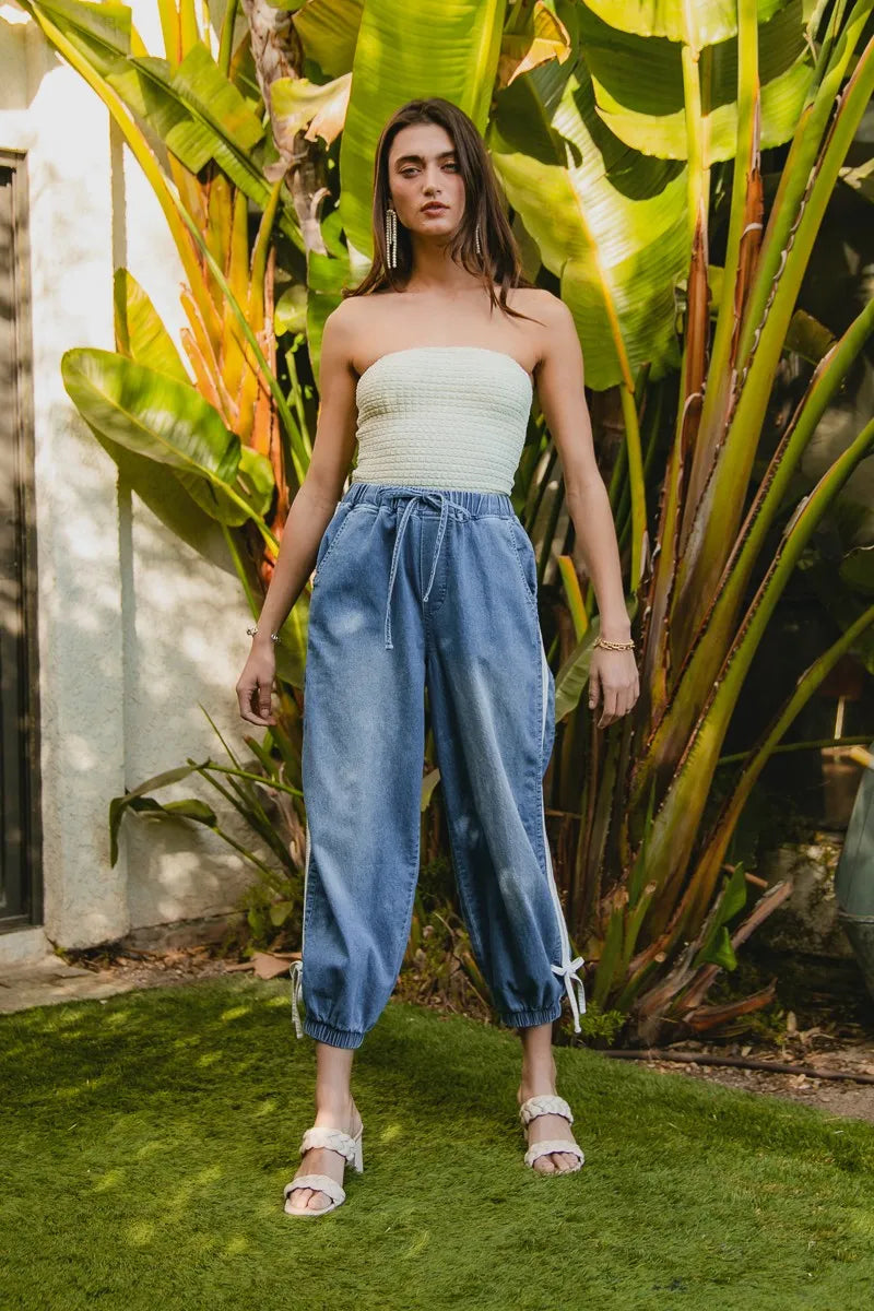 BiBi Striped Tape Details With Bot Tied Point Elastic Waist Jeans free shipping -Oh Em Gee Boutique