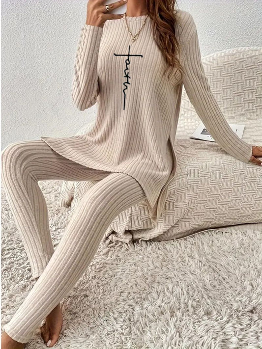 Side Slit Round Neck Long Sleeve Top and Pants Set free shipping -Oh Em Gee Boutique