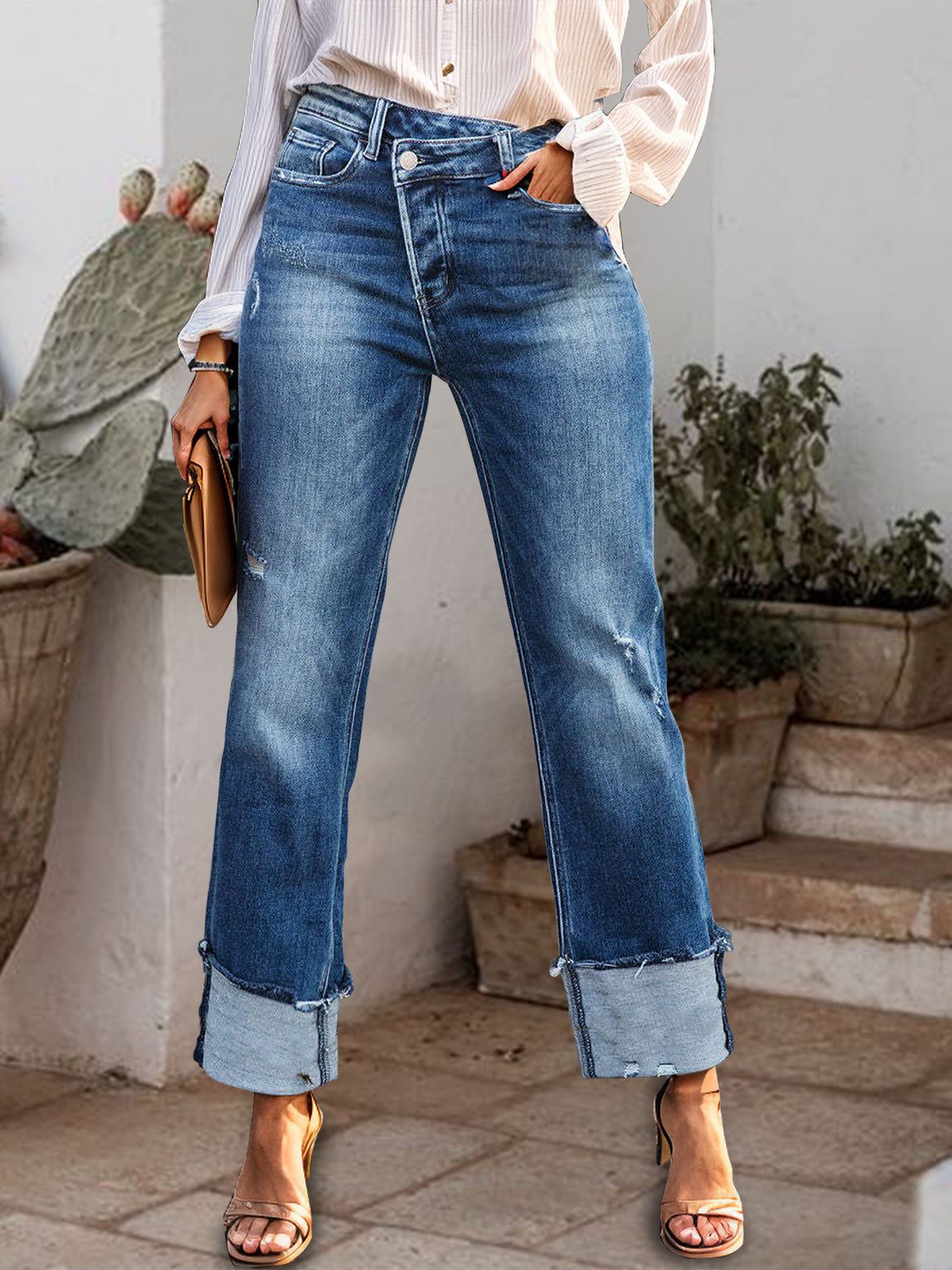 Stepped Waist Raw Hem Rolled Straight Jeans free shipping -Oh Em Gee Boutique