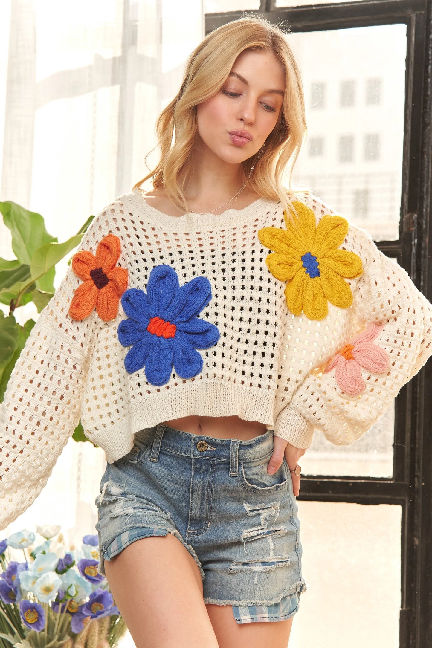 ADORA Floral Patch Sweater Crop Top free shipping -Oh Em Gee Boutique