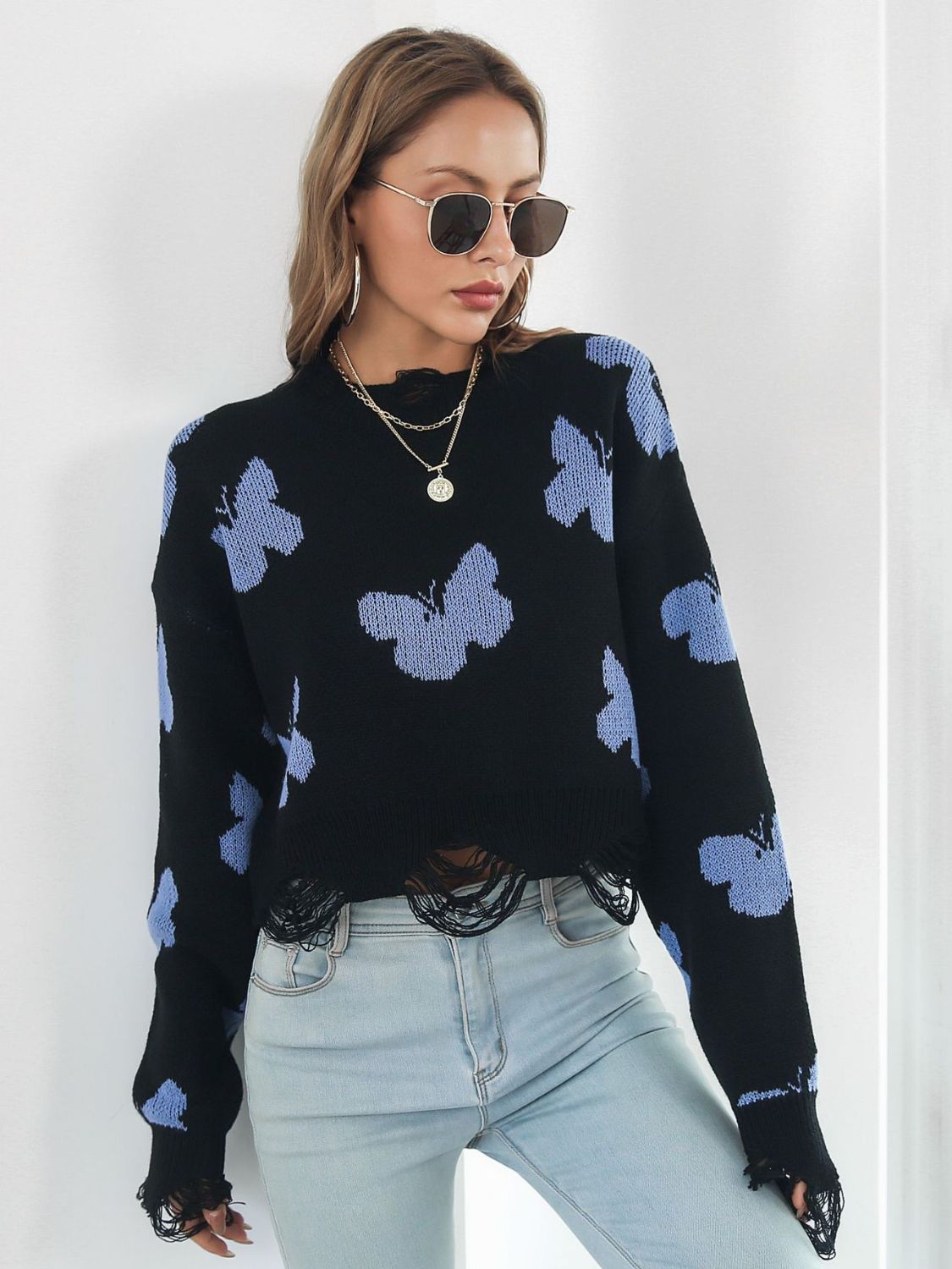 Distressed Butterfly Cropped Sweater free shipping -Oh Em Gee Boutique