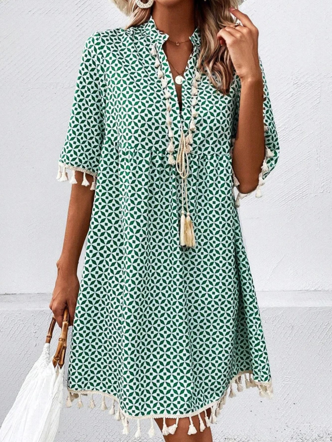 Tassel Printed Notched Half Sleeve Mini Dress free shipping -Oh Em Gee Boutique