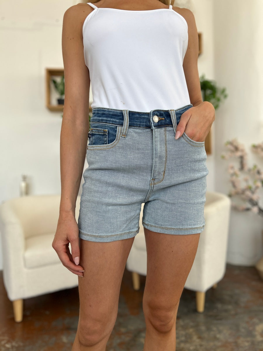 Judy Blue Full Size Color Block Denim Shorts free shipping -Oh Em Gee Boutique