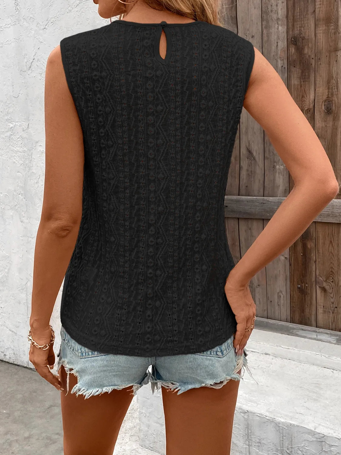 Lace Detail Eyelet Round Neck Tank free shipping -Oh Em Gee Boutique