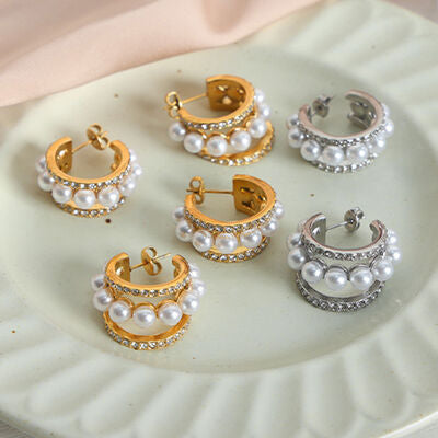 Pearl Titanium Steel C-Hoop Earrings free shipping -Oh Em Gee Boutique
